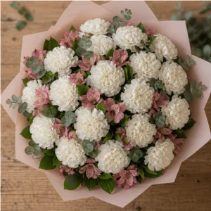 Buchet cu garoafe albe si alstroemeria roz - poza 4