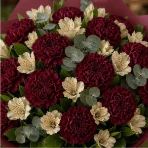 Buchet cu garoafe burgundy si alstroemeria crem - poza 2