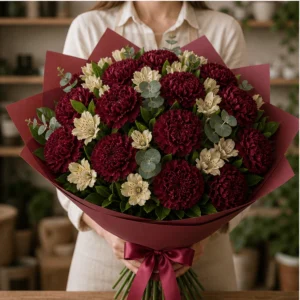 Buchet cu garoafe burgundy si alstroemeria crem - poza 3
