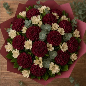 Buchet cu garoafe burgundy si alstroemeria crem - poza 4