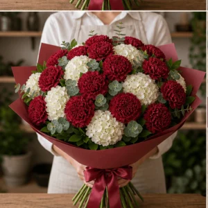 Buchet cu garoafe burgundy si hortensie alba - poza 3