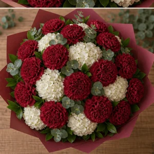 Buchet cu garoafe burgundy si hortensie alba - poza 4