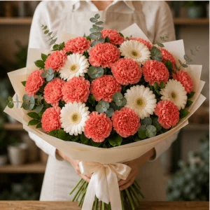 Buchet cu garoafe corai si gerbera alba - poza 3
