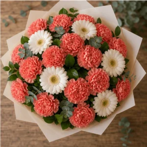 Buchet cu garoafe corai si gerbera alba - poza 4