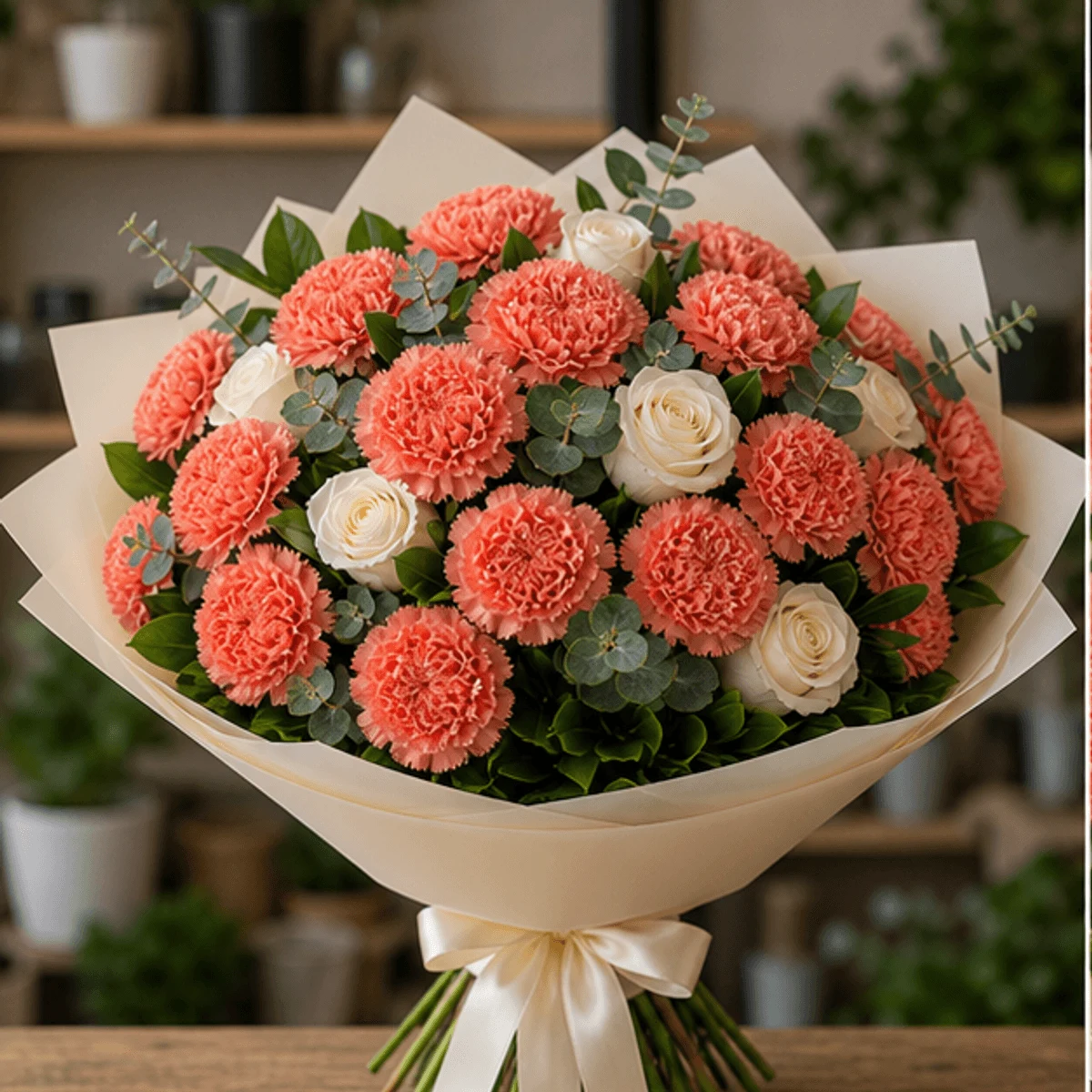 Buchet cu garoafe corai si trandafiri albi - poza 1