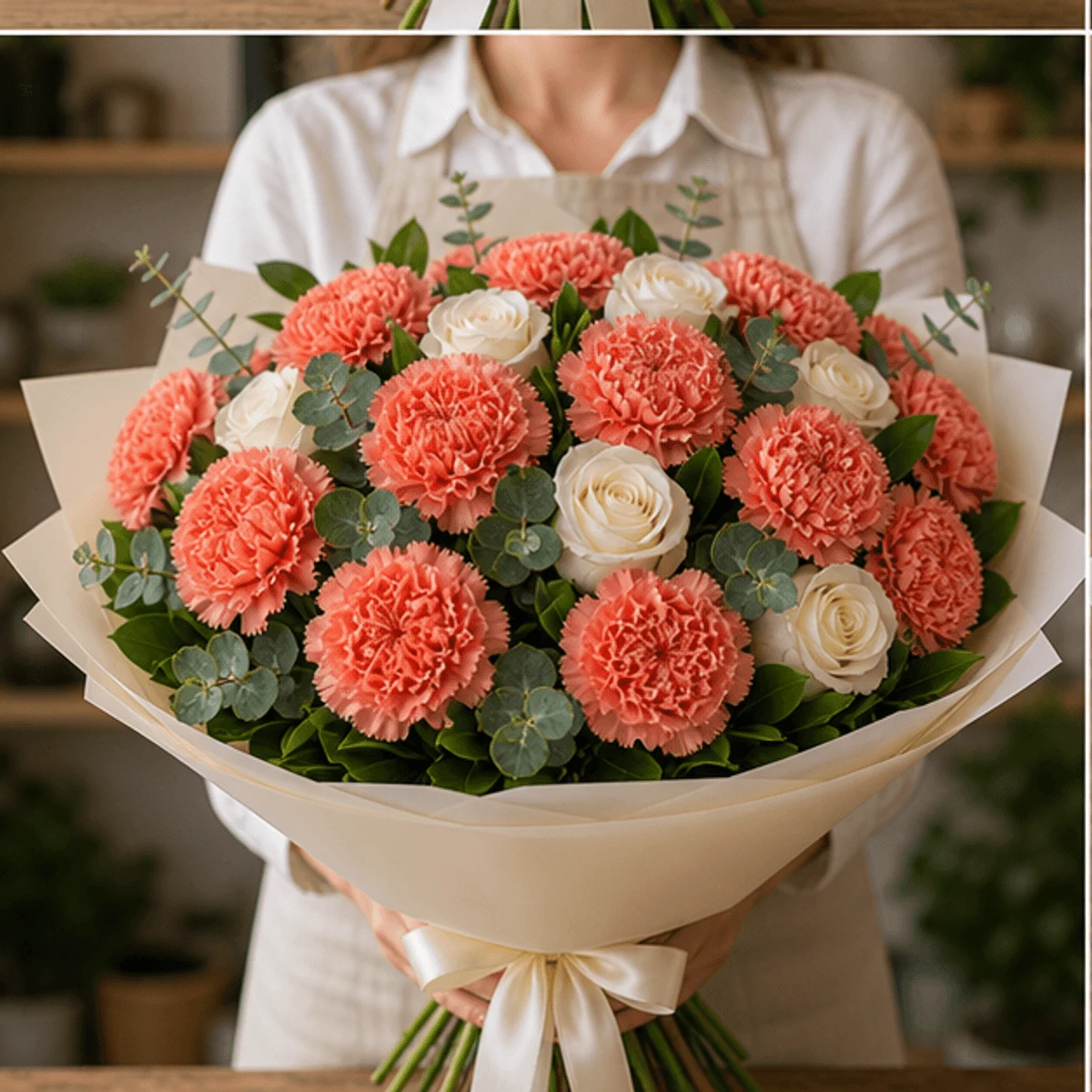 Buchet cu garoafe corai si trandafiri albi - poza 3