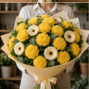 Buchet cu garoafe galbene si gerbera crem - poza 3