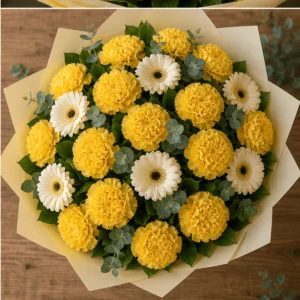 Buchet cu garoafe galbene si gerbera crem - poza 4