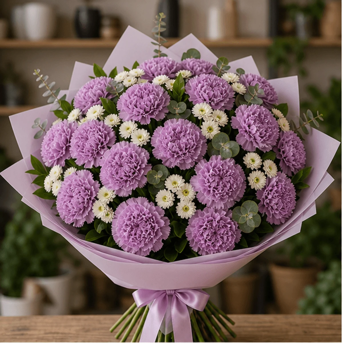 Buchet cu garoafe lila si santini alb - poza 1