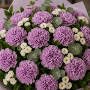 Buchet cu garoafe lila si santini alb - poza 2