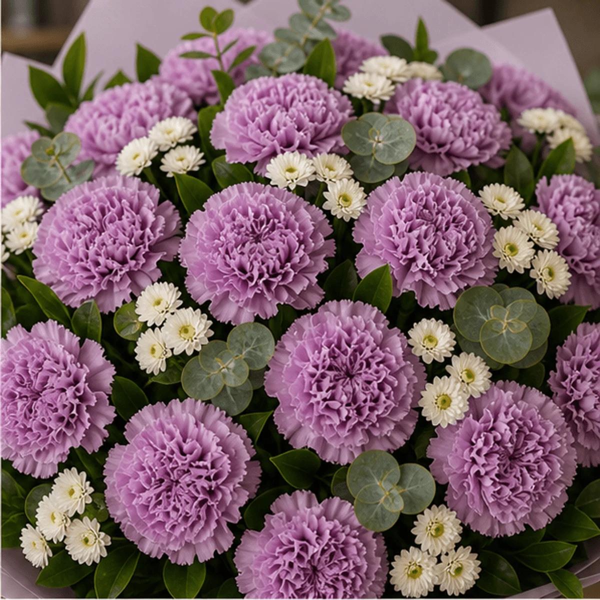 Buchet cu garoafe lila si santini alb - poza 2
