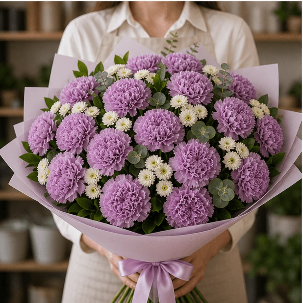 Buchet cu garoafe lila si santini alb - poza 3