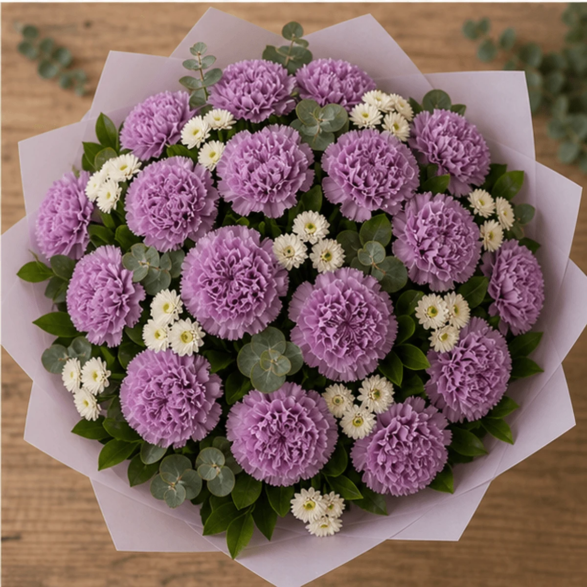 Buchet cu garoafe lila si santini alb - poza 4