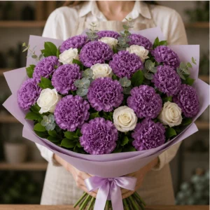 Buchet cu garoafe mov si trandafiri albi - poza 3