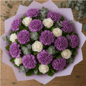 Buchet cu garoafe mov si trandafiri albi - poza 4
