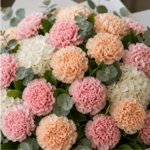 Buchet cu garoafe pastel si hortensie alba - poza 2