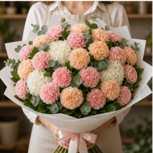 Buchet cu garoafe pastel si hortensie alba - poza 3
