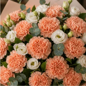 Buchet cu garoafe piersica si lisianthus alb - poza 2