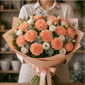 Buchet cu garoafe piersica si lisianthus alb - poza 3