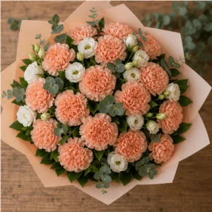 Buchet cu garoafe piersica si lisianthus alb - poza 4