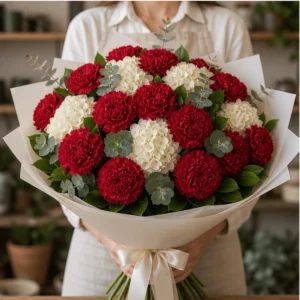 Buchet cu garoafe rosii si hortensie crem - poza 3