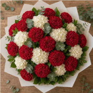 Buchet cu garoafe rosii si hortensie crem - poza 4