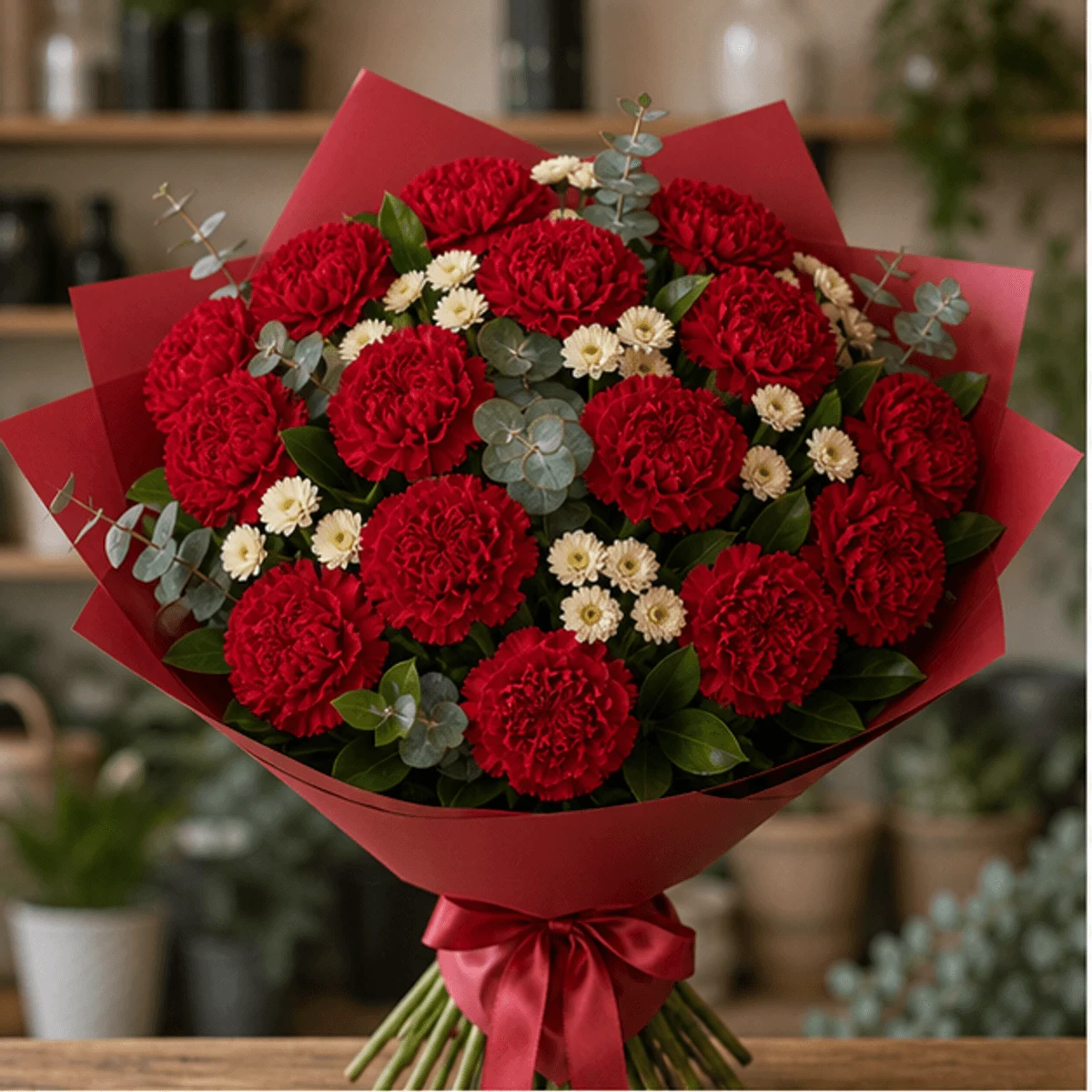 Buchet cu garoafe rosii si santini crem - poza 1