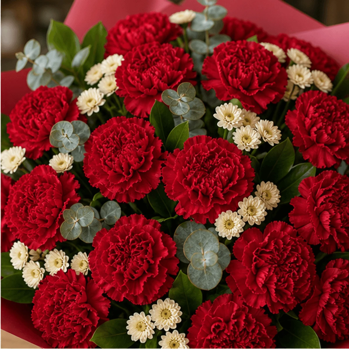 Buchet cu garoafe rosii si santini crem - poza 2