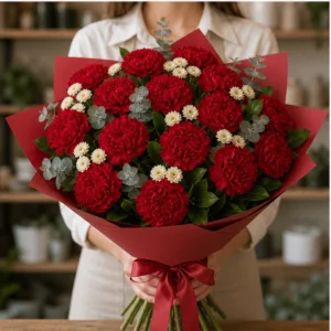 Buchet cu garoafe rosii si santini crem - poza 3