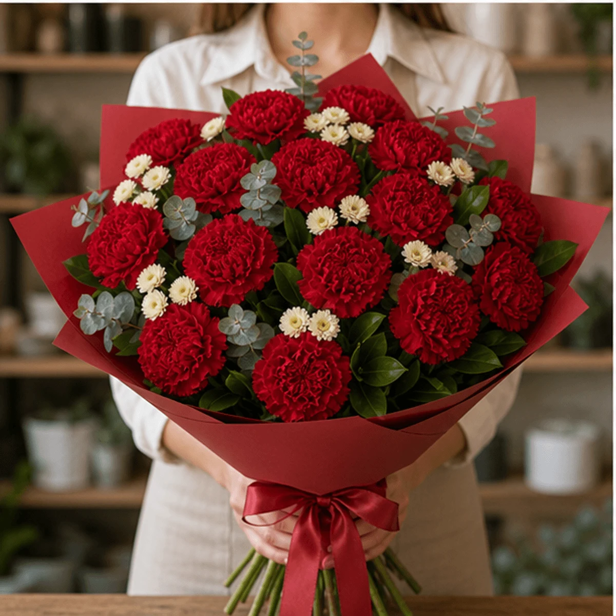 Buchet cu garoafe rosii si santini crem - poza 3