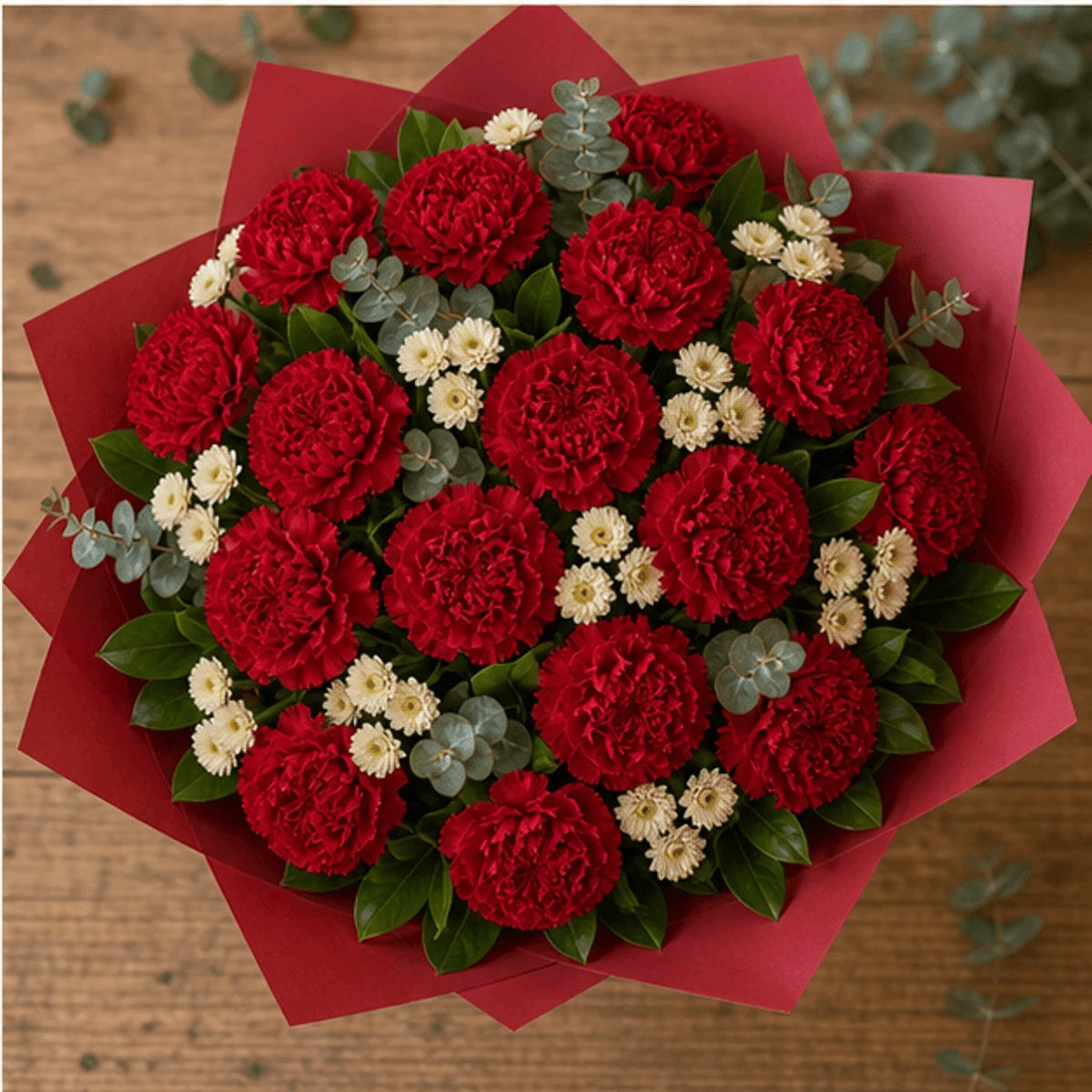Buchet cu garoafe rosii si santini crem - poza 4