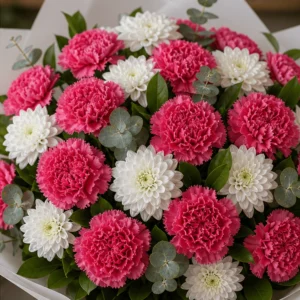 Buchet cu garoafe roz intens si crizanteme albe - poza 2