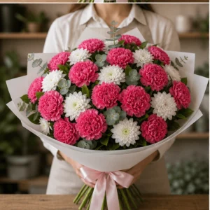 Buchet cu garoafe roz intens si crizanteme albe - poza 3