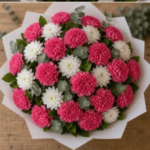 Buchet cu garoafe roz intens si crizanteme albe - poza 4