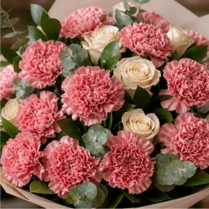 Buchet cu garoafe roz pudrat si trandafiri crem - poza 2