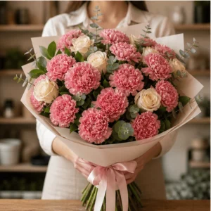 Buchet cu garoafe roz pudrat si trandafiri crem - poza 3