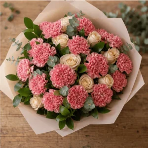 Buchet cu garoafe roz pudrat si trandafiri crem - poza 4
