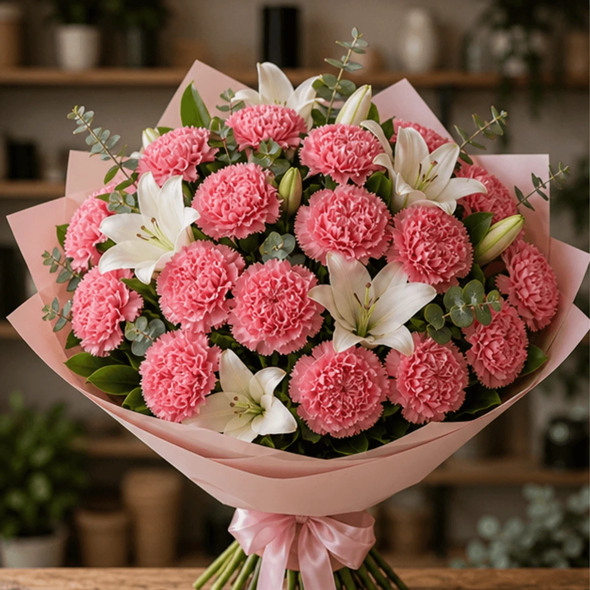 Buchet cu garoafe roz si crini albi - poza 1