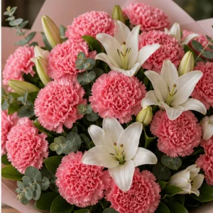 Buchet cu garoafe roz si crini albi - poza 2