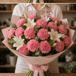 Buchet cu garoafe roz si crini albi - poza 3