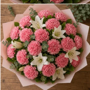 Buchet cu garoafe roz si crini albi - poza 4