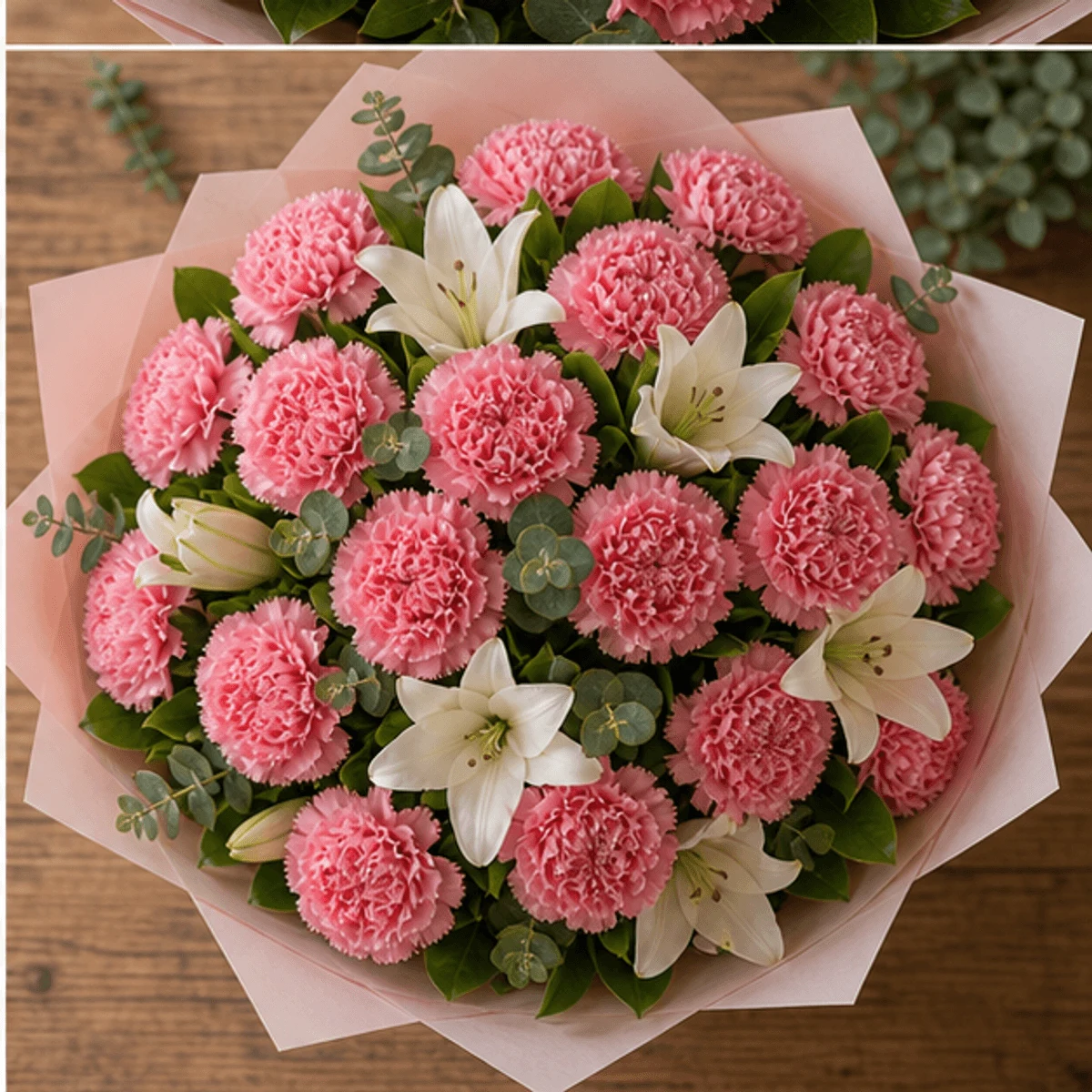 Buchet cu garoafe roz si crini albi - poza 4