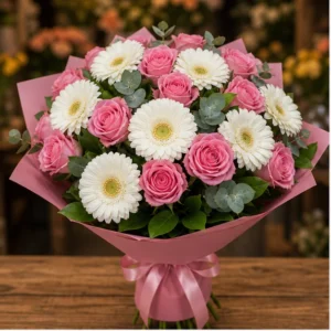 Buchet cu gerbera alba si trandafiri roz - poza 1