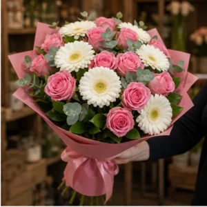 Buchet cu gerbera alba si trandafiri roz - poza 2