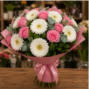 Buchet cu gerbera alba si trandafiri roz - poza 3