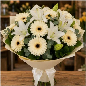 Buchet cu gerbera crem si crini albi - poza 1