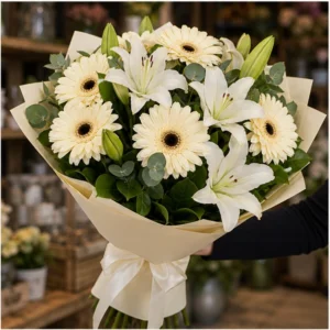 Buchet cu gerbera crem si crini albi - poza 2