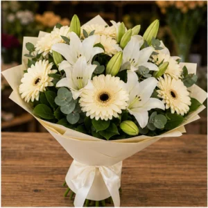 Buchet cu gerbera crem si crini albi - poza 3