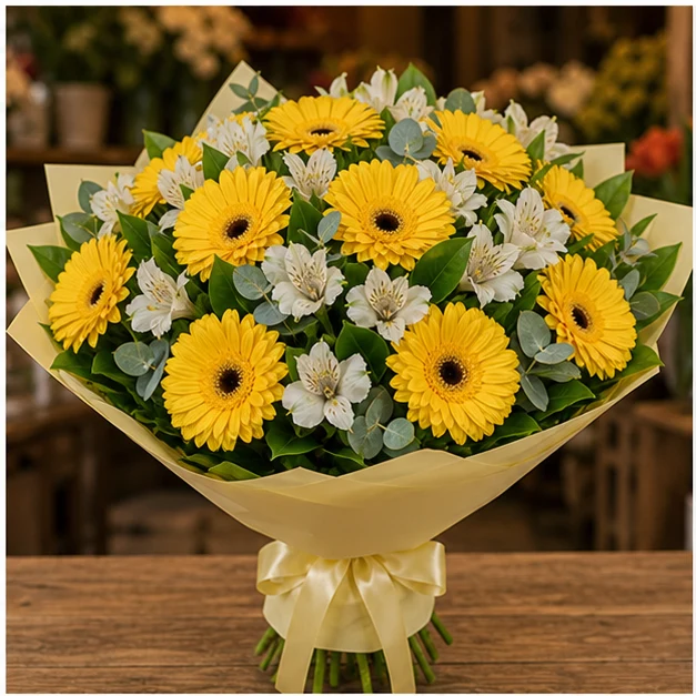Buchet cu gerbera galbena si alstroemeria alba - poza 1