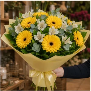 Buchet cu gerbera galbena si alstroemeria alba - poza 2